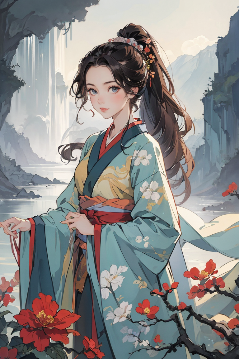 381224-2980655880-(masterpiece, best quality), 1girl, wavy hair, looking at viewer,holding a flower,upper body,  floral print,Hanfu, ponytail,  _l.png